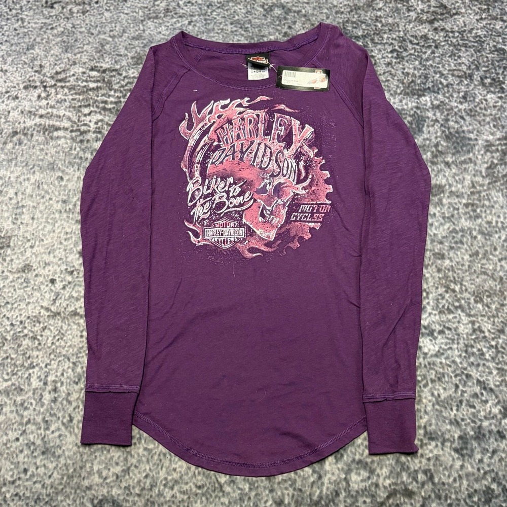 NWT Harley Davidson Long Sleeve Top Biker To The Bone Womens Small Purple Skull‎